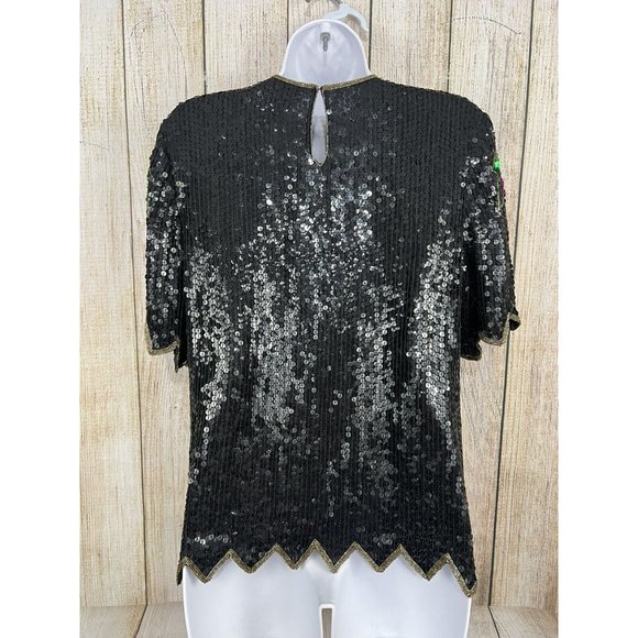 Vtg 80s Beaded Sequin Top Sz Small Black Jewel Tones S Mob Wife Festive Glam - Picture 8 of 9